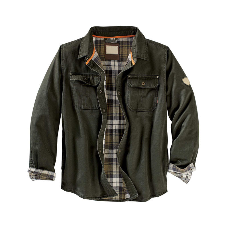 Men's rugged plaid-lined button-up jacket