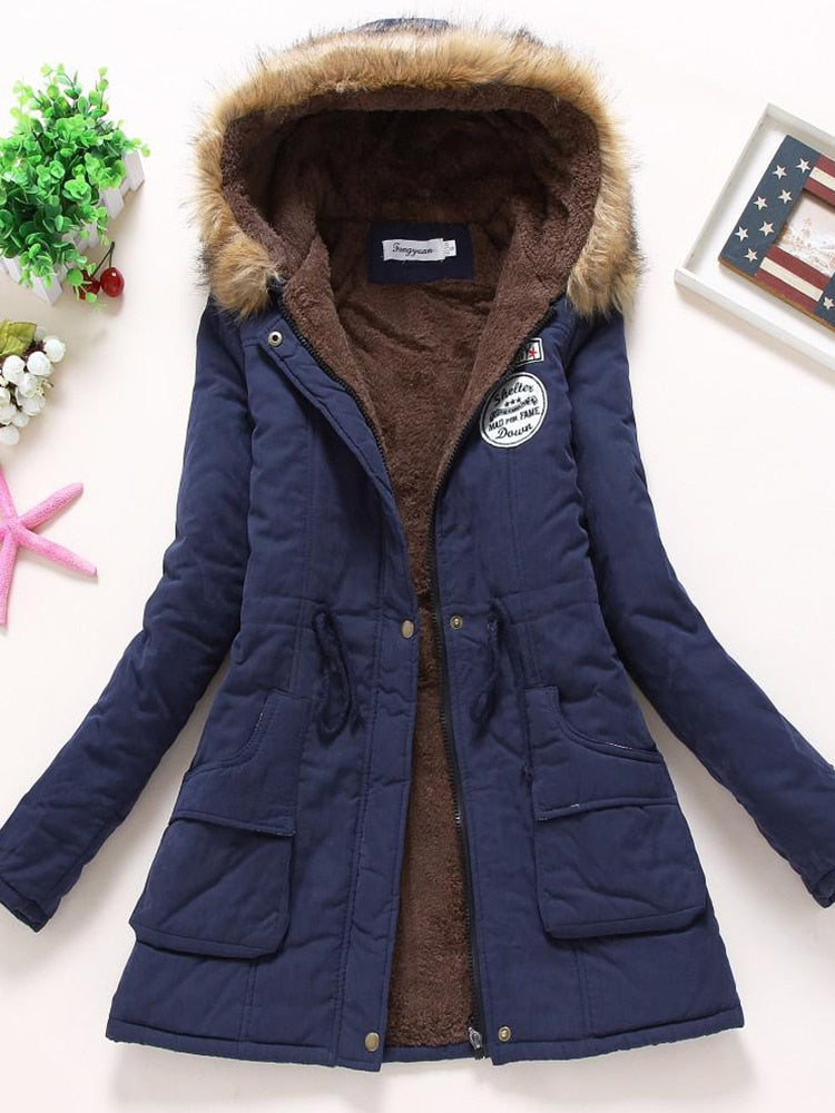 Women's utilitarian parka jacket with fur hood