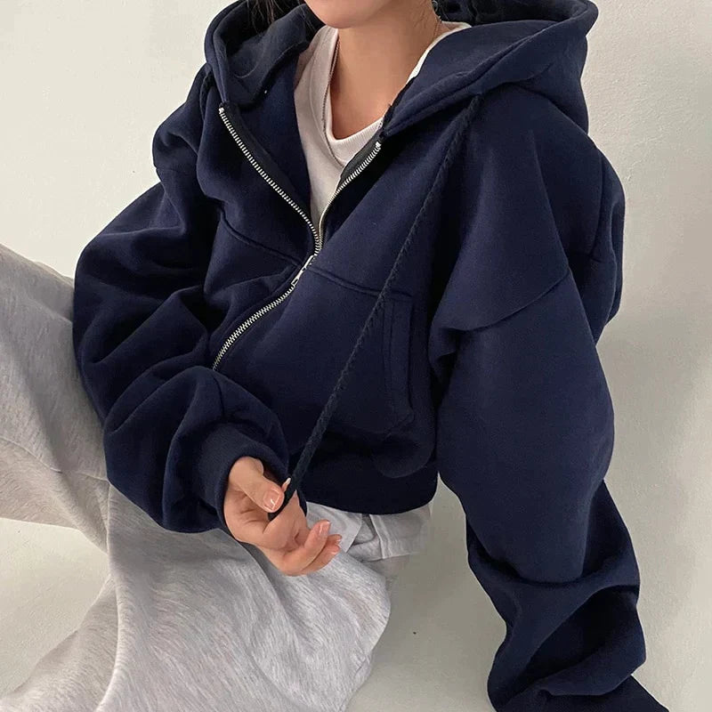 Women's oversized navy zip-up hoodie for relaxed comfort