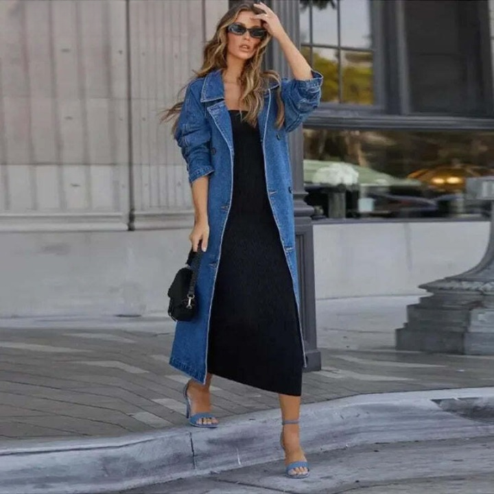 Women's urban long denim trench coat