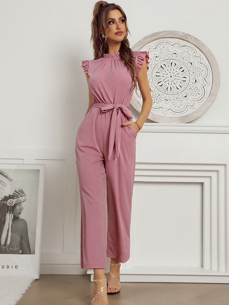 Women's ruffle-sleeve tie-waist jumpsuit