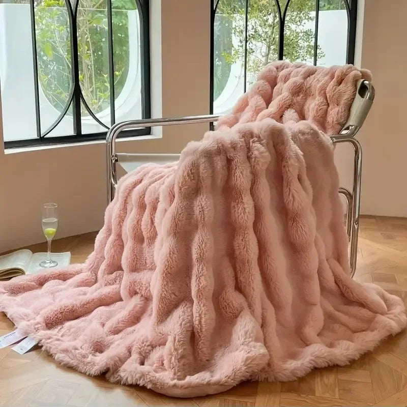 Faux Rabbit Fur Ribbed Throw Blanket