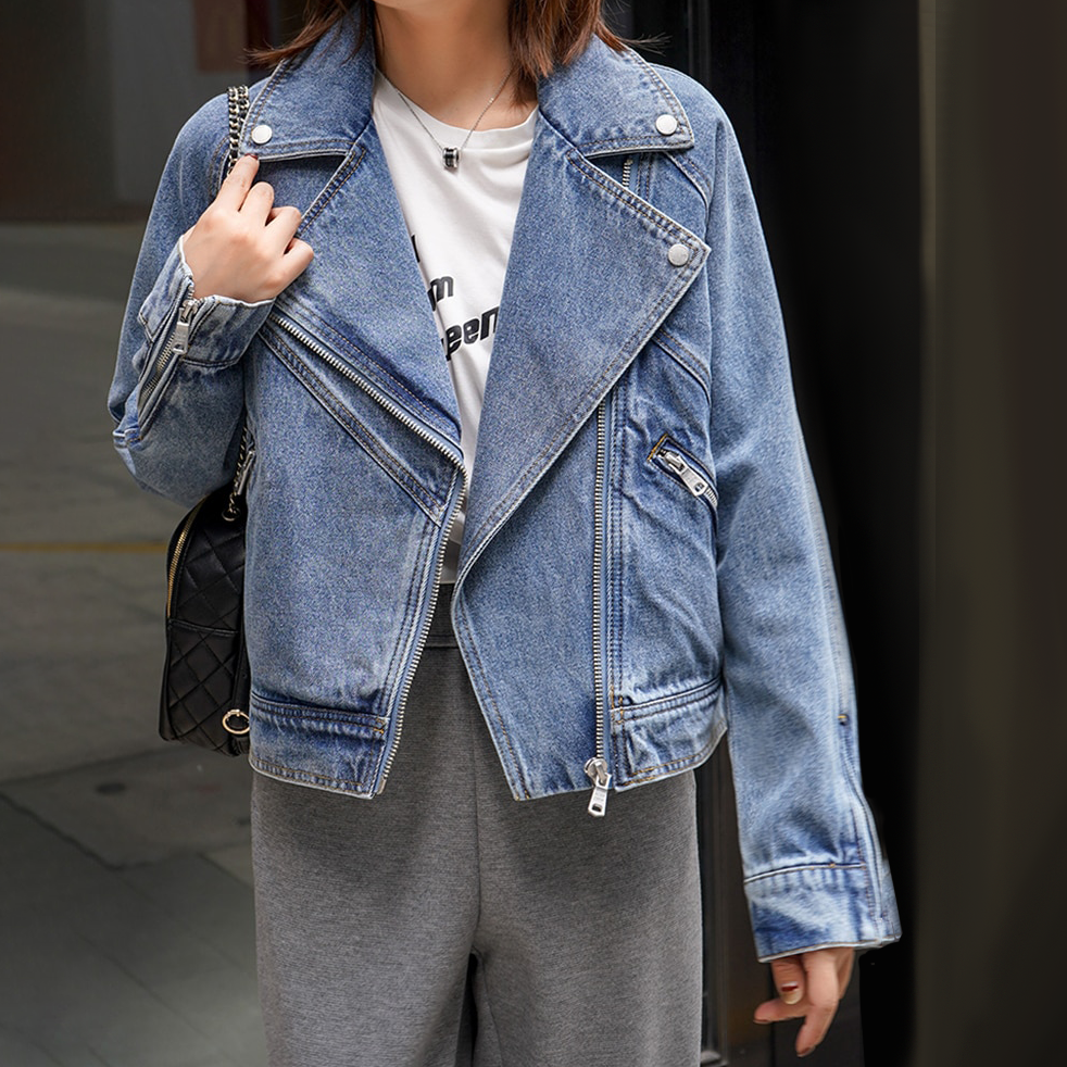 Women's denim biker jacket for casual chic