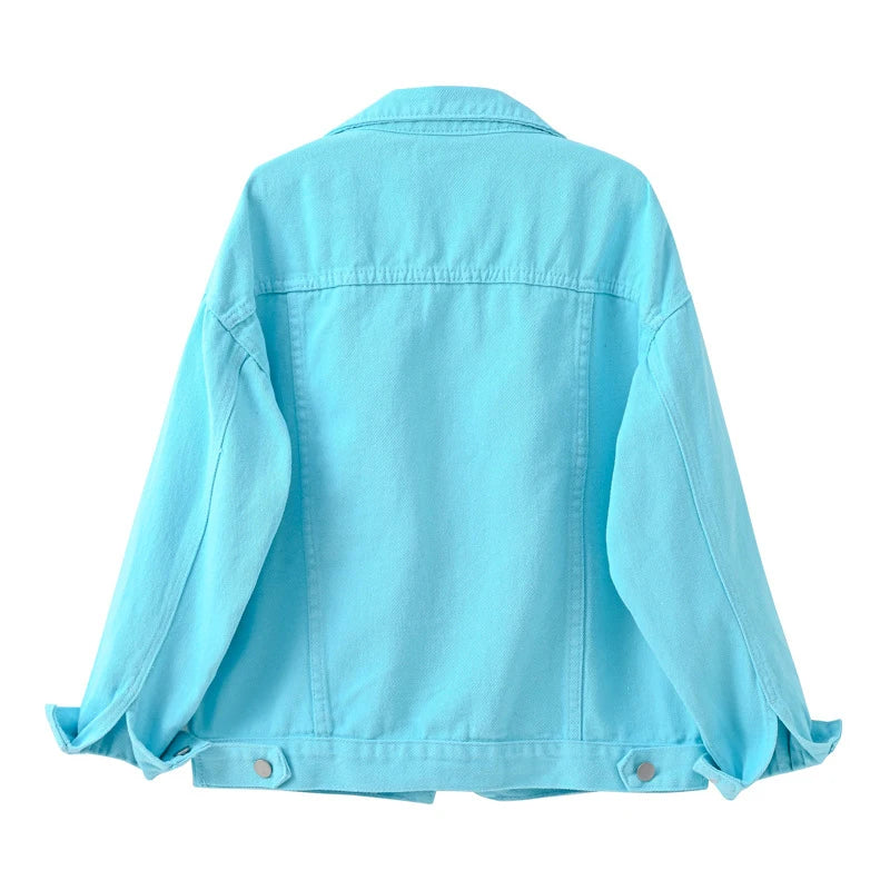 Women white denim jacket with classic button-up design