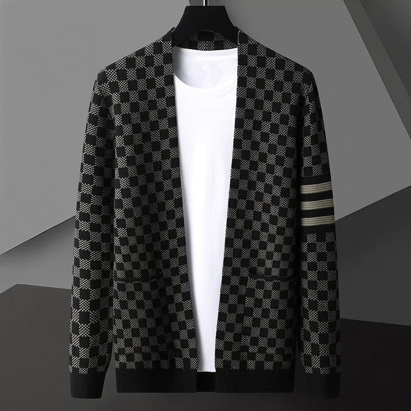 Men's checkered knit cardigan for a bold statement