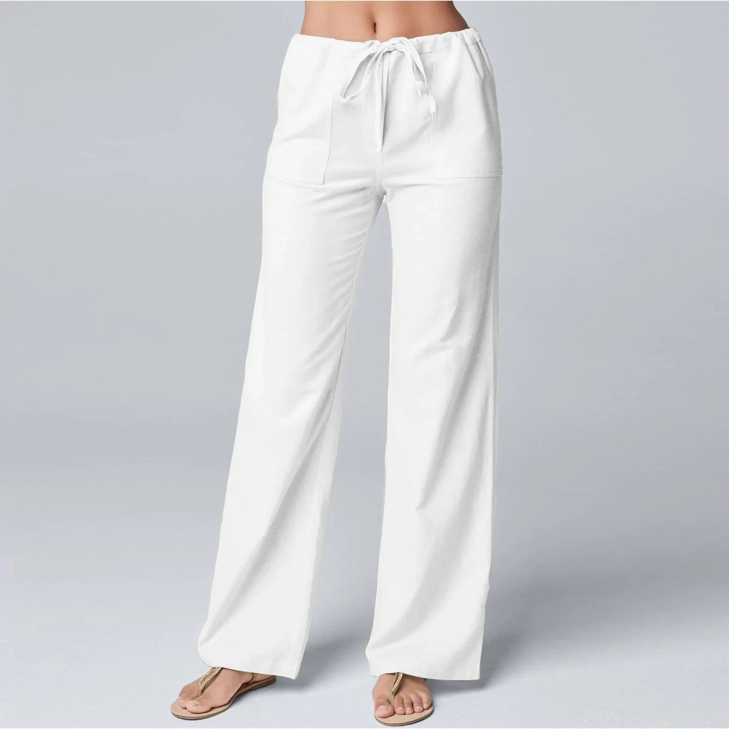 Women’s Wide-Leg Trousers – Cotton Linen Blend – High Waist – Drawstring Waistband