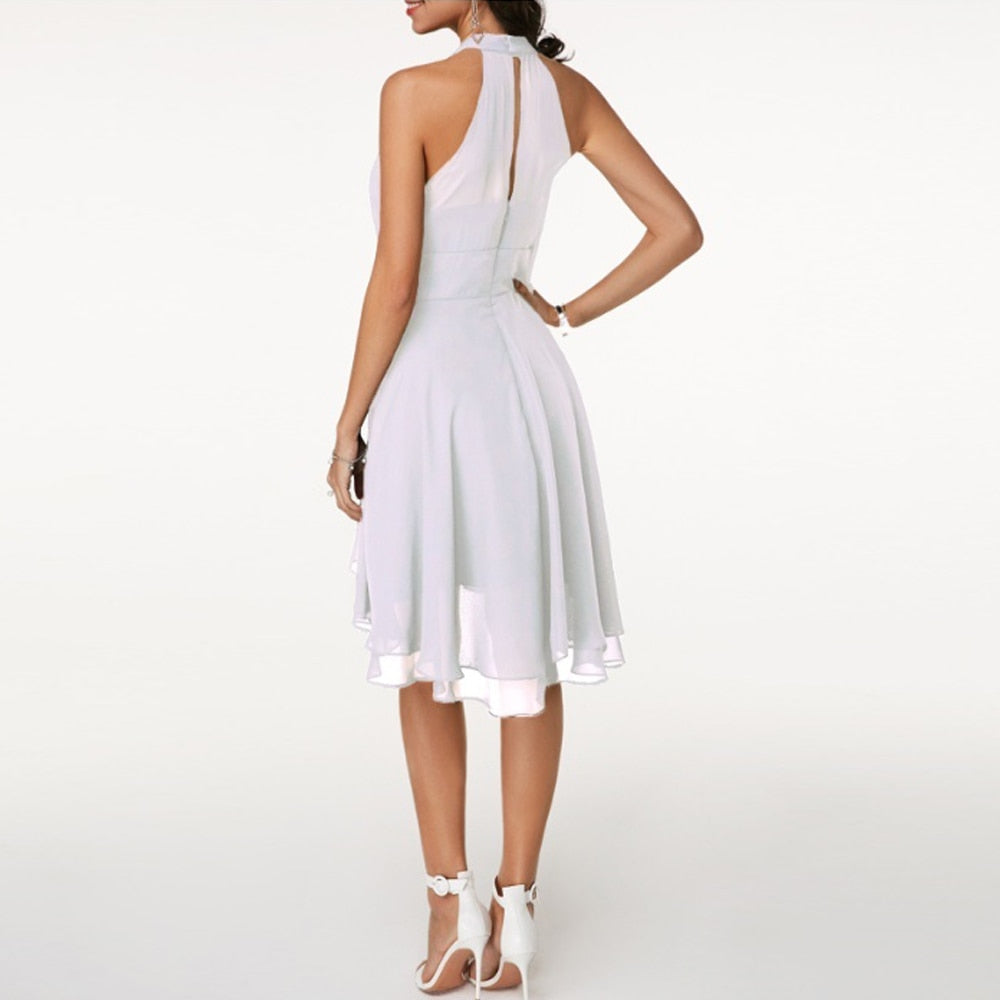 Women's Halter Neck Dress - Sleeveless - Fitted Waist - Layered Asymmetrical Skirt