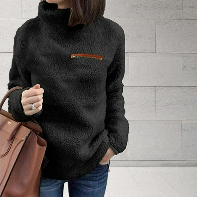 Women's winter turtleneck sweater soft solid color zipper pullover top