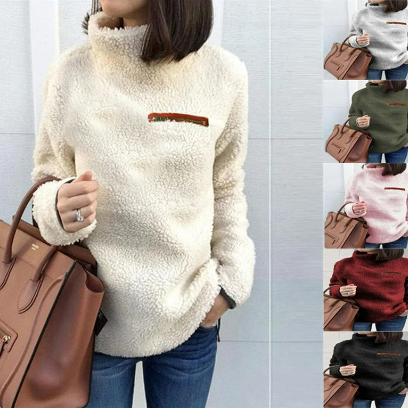 Women's winter turtleneck sweater soft solid color zipper pullover top