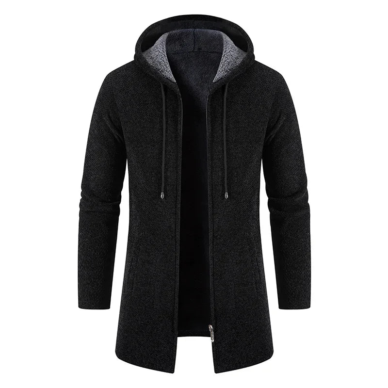 Men's hooded long cardigan sweater winter warm outwear