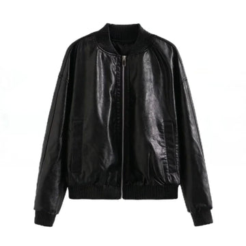 Women's black leather bomber jacket for an edgy urban vibe