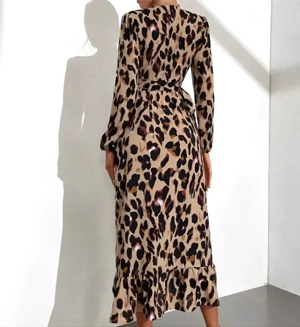 Women's Wrap Dress - V-Neck - Long Sleeve - Adjustable Waist - Animal Print Stylish Fit