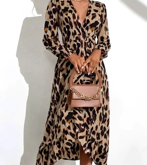 Women's Wrap Dress - V-Neck - Long Sleeve - Adjustable Waist - Animal Print Stylish Fit