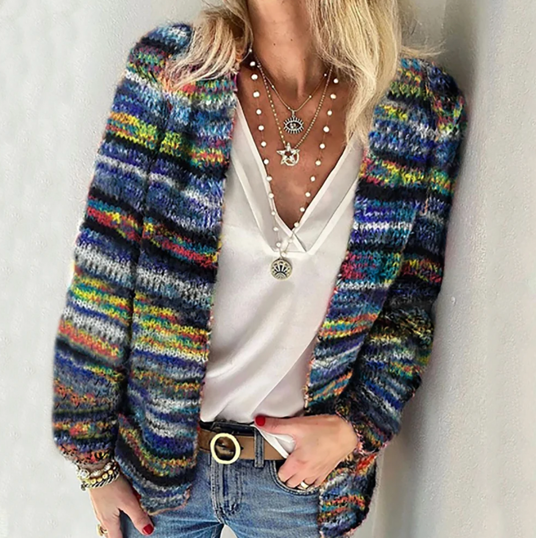 Women's vibrant multicolor knit cardigan for a statement look