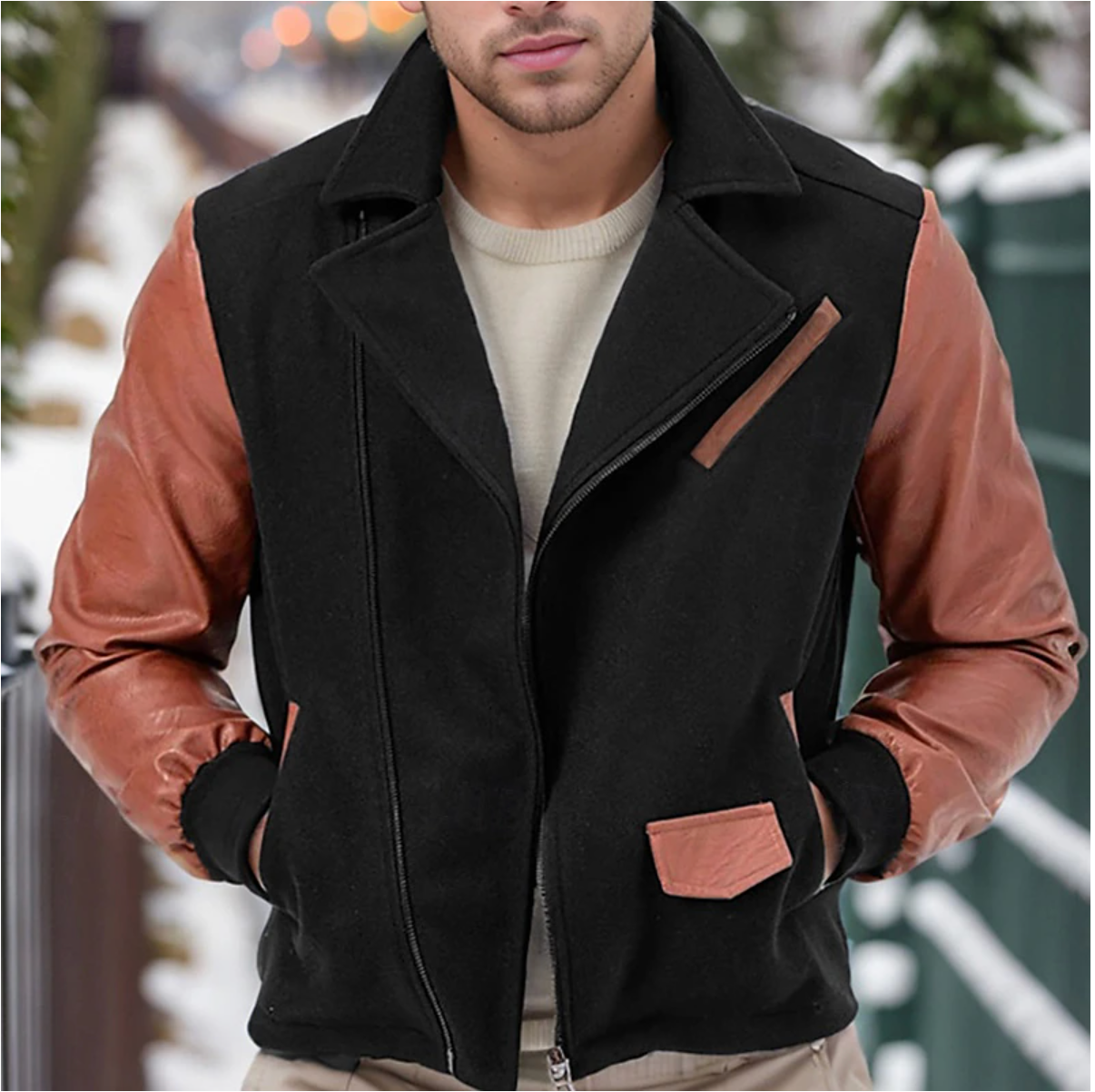 Men's winter leather jacket with zipper closure