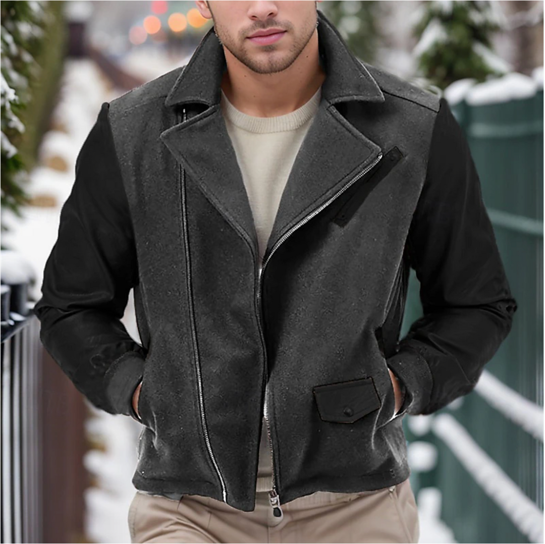 Men's winter leather jacket with zipper closure