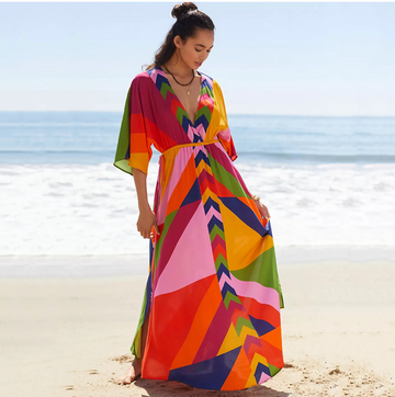 Women's vibrant color-block beach maxi dress for summer vibes