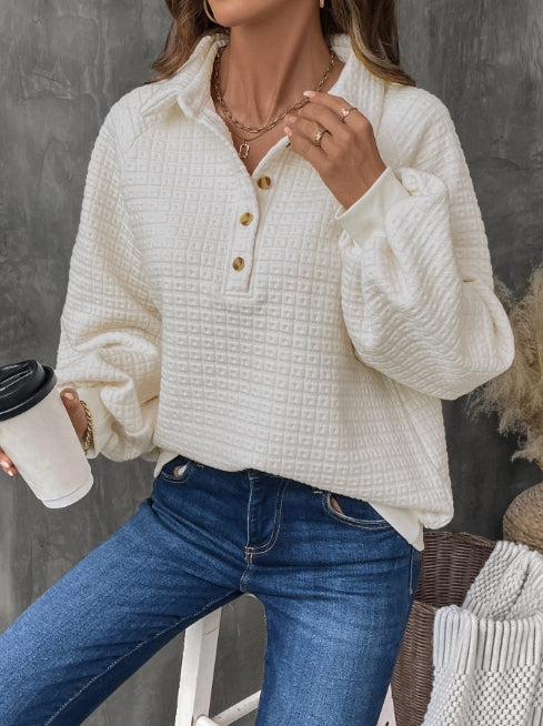 Women’s Sweatshirt – Oversized Fit – Textured Grid Knit – Half Placket – Casual Style
