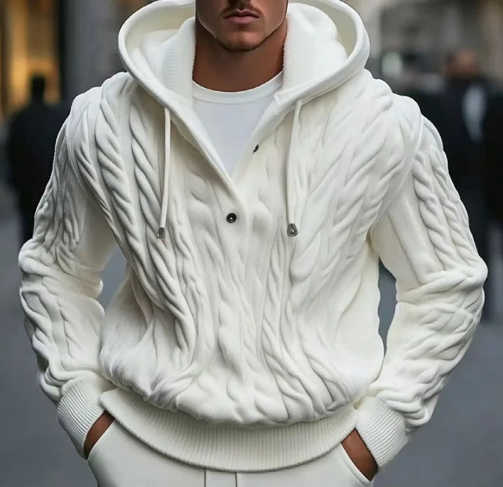 Men’s Hooded Knit Sweatshirt – Cable Knit – Loose Fit – Drawstring Hood – Button Neck