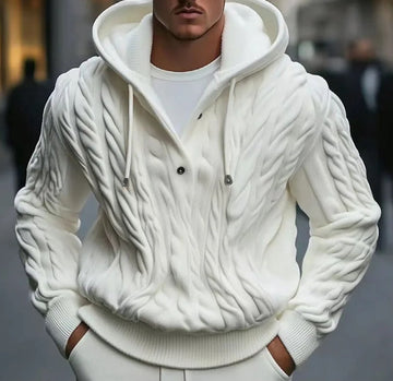 Men’s Hooded Knit Sweatshirt – Cable Knit – Loose Fit – Drawstring Hood – Button Neck