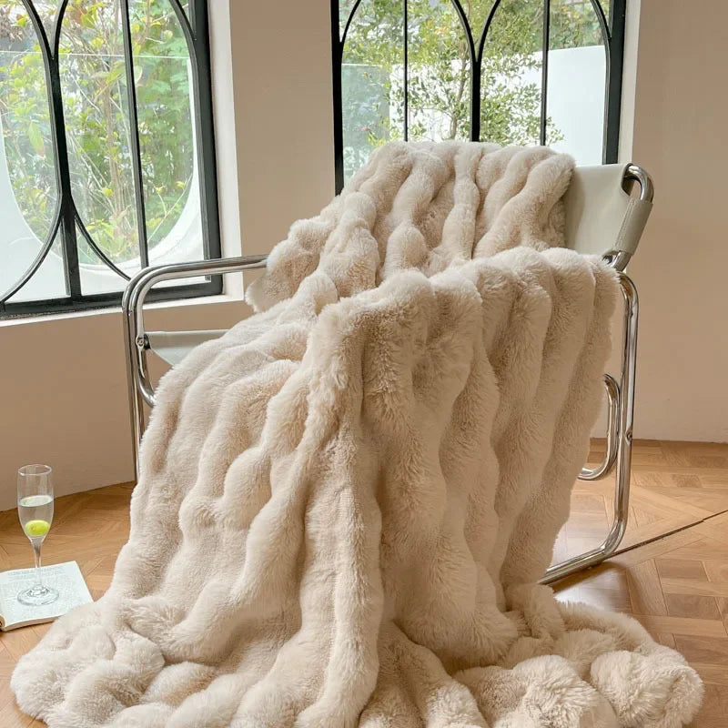 Faux Rabbit Fur Ribbed Throw Blanket