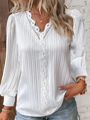 Wowen's white lace-trim blouse for elegant comfort