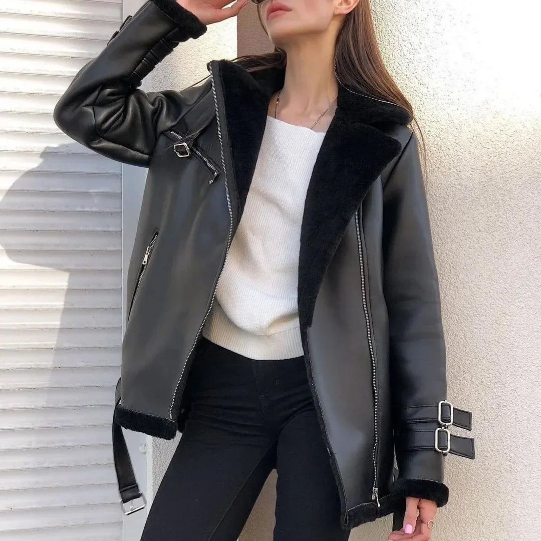 Women's asymmetrical zipper leather jacket