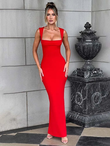 Women's Evening Gown – Stretch Jersey – Bodycon Fit – Sleeveless – Square Neck – Floor-Length
