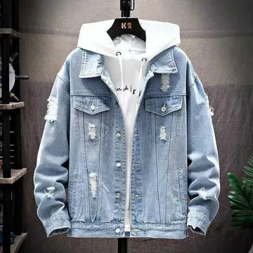 Men’s Denim Jacket – Loose Fit – Distressed – Single Breasted – Casual Streetwear