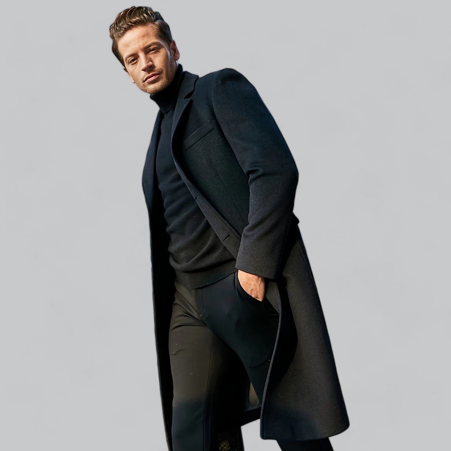 Stylish long sleeve coat for men with multiple pockets