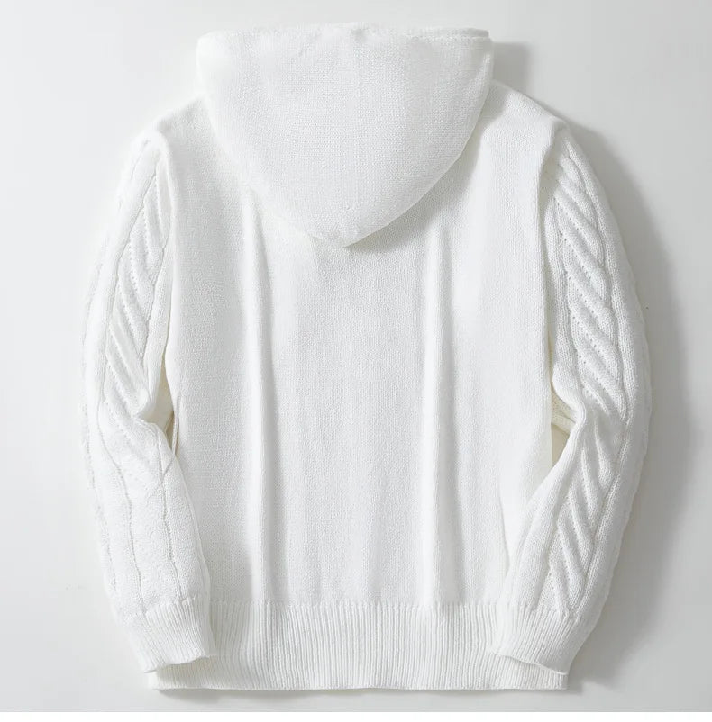 Men’s Hooded Knit Sweatshirt – Cable Knit – Loose Fit – Drawstring Hood – Button Neck
