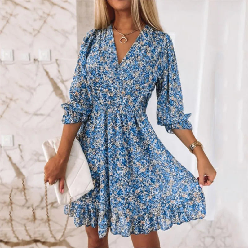 Women's Mini Dress - Floral Print - V-Neck - Long Puff Sleeves - Smocked Waist