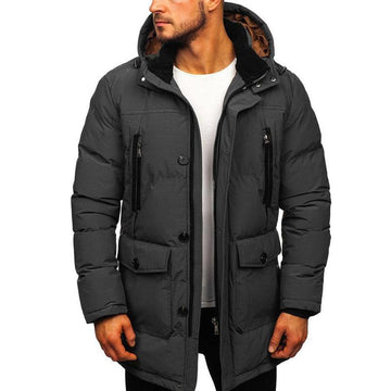 Men's casual down jacket with hood zip-up and button closure