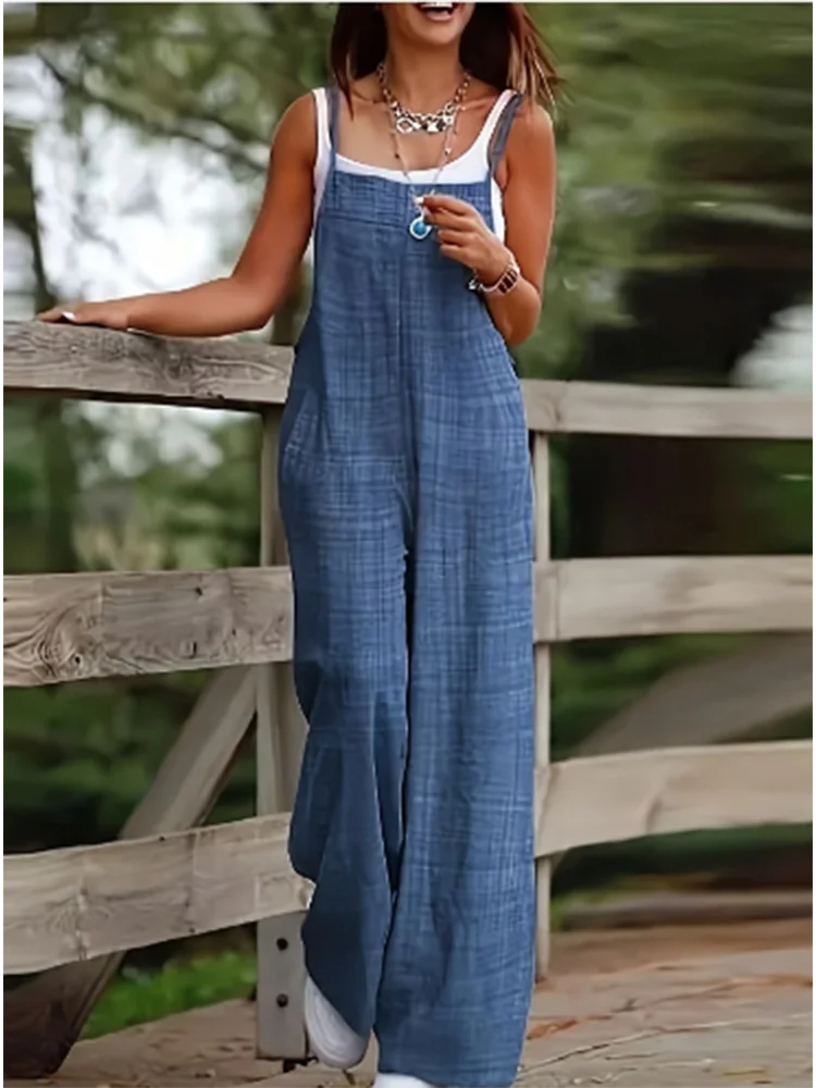 Women’s Jumpsuit – Relaxed Fit – Sleeveless Suspender Straps – Wide Leg Cotton Blend