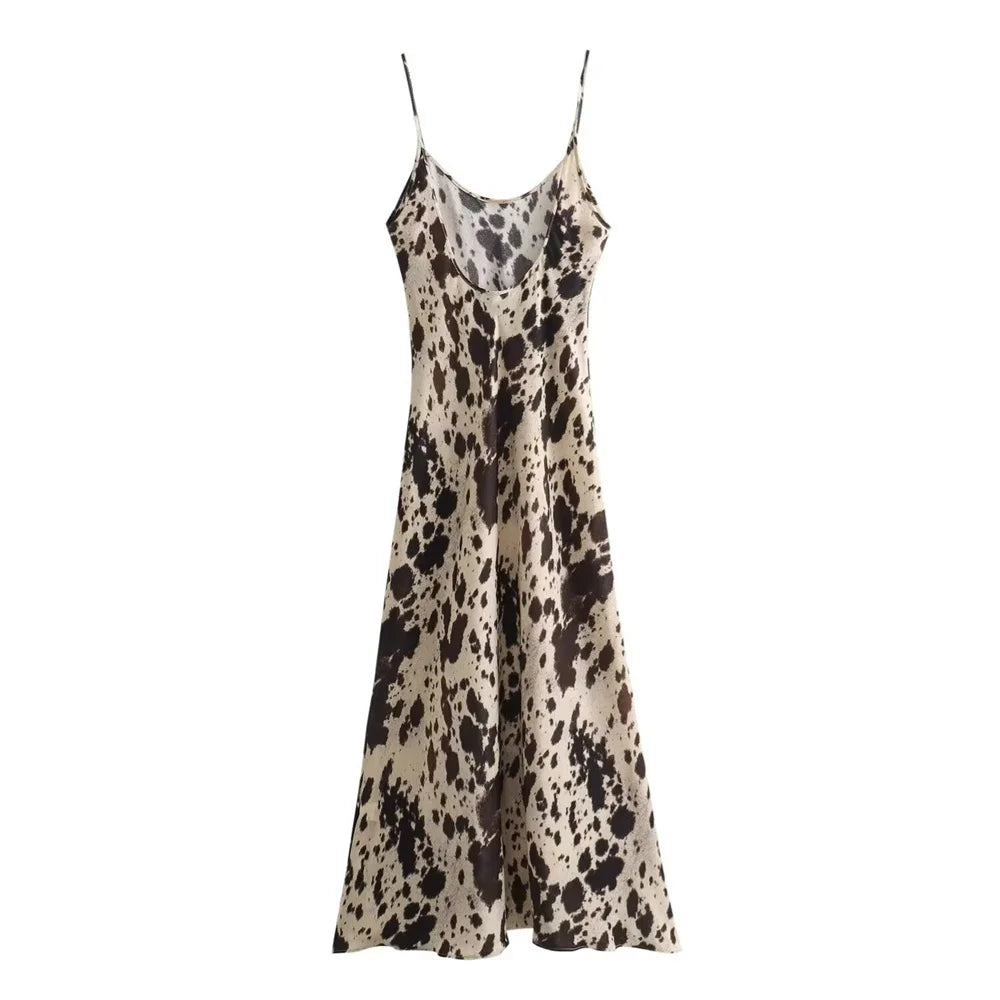 Women's Slip Dress - Silky Satin Feel - V-Neck Spaghetti Straps - Animal Print