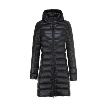 Women's long down jacket with removable hood