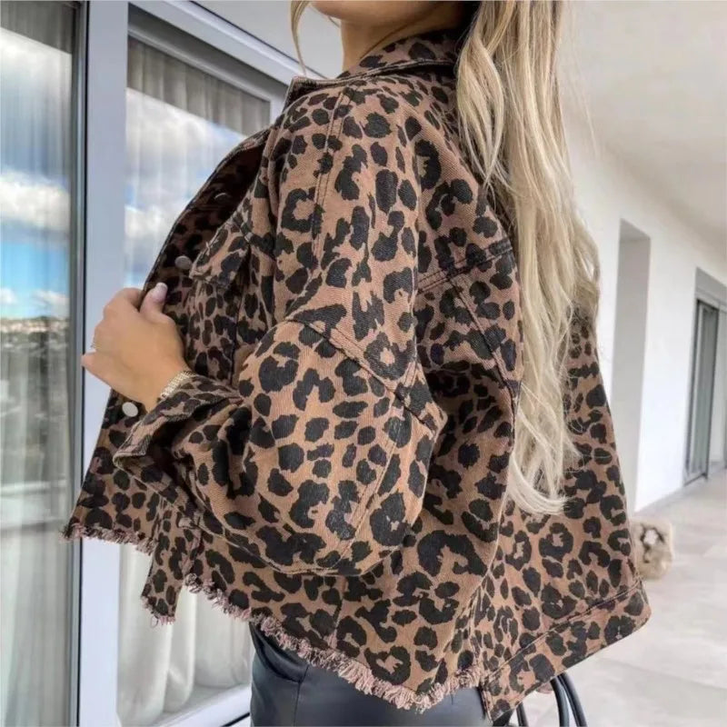 Women's leopard print denim jacket for bold fashion