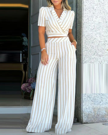 Mavia - striped wrap top and wide leg pants set