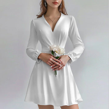 Women’s Mini Dress – Satin A-Line – Deep V-Neck – Long Sleeve – Ruched Waist