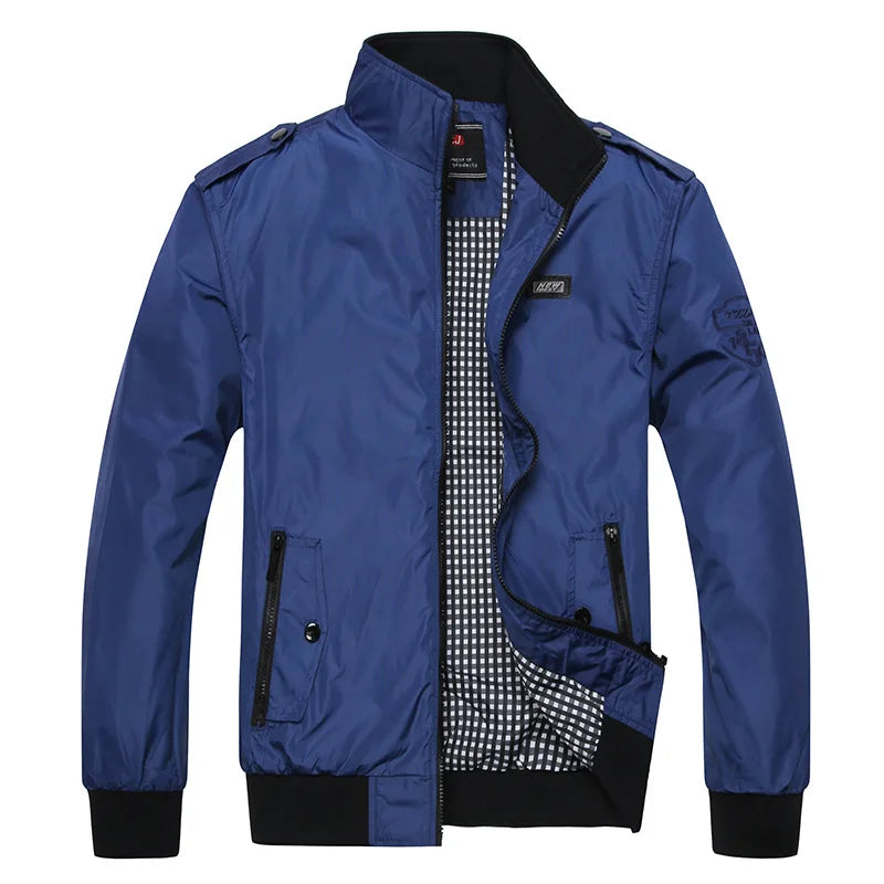 Men's lightweight windbreaker jacket with stand collar and pockets