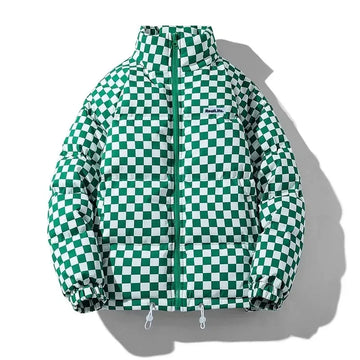 Checkered puffer jacket with stand-up collar for men