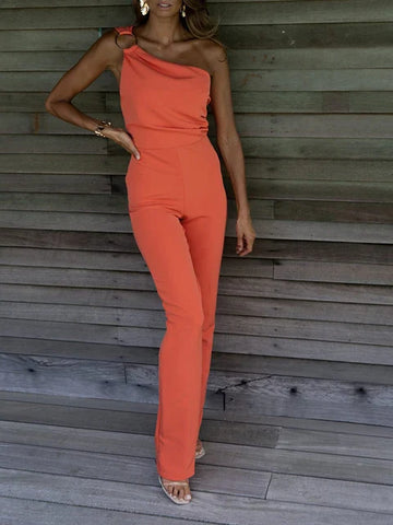 Women's One-Shoulder Jumpsuit - Form-Fitting - Straight-Leg Elegant Design