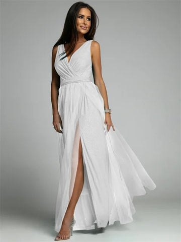 Women's Evening Gown - Sleeveless V-Neck - High Slit Flowing Formal Dress