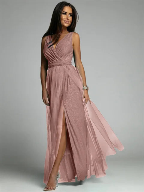 Women's Evening Gown - Sleeveless V-Neck - High Slit Flowing Formal Dress