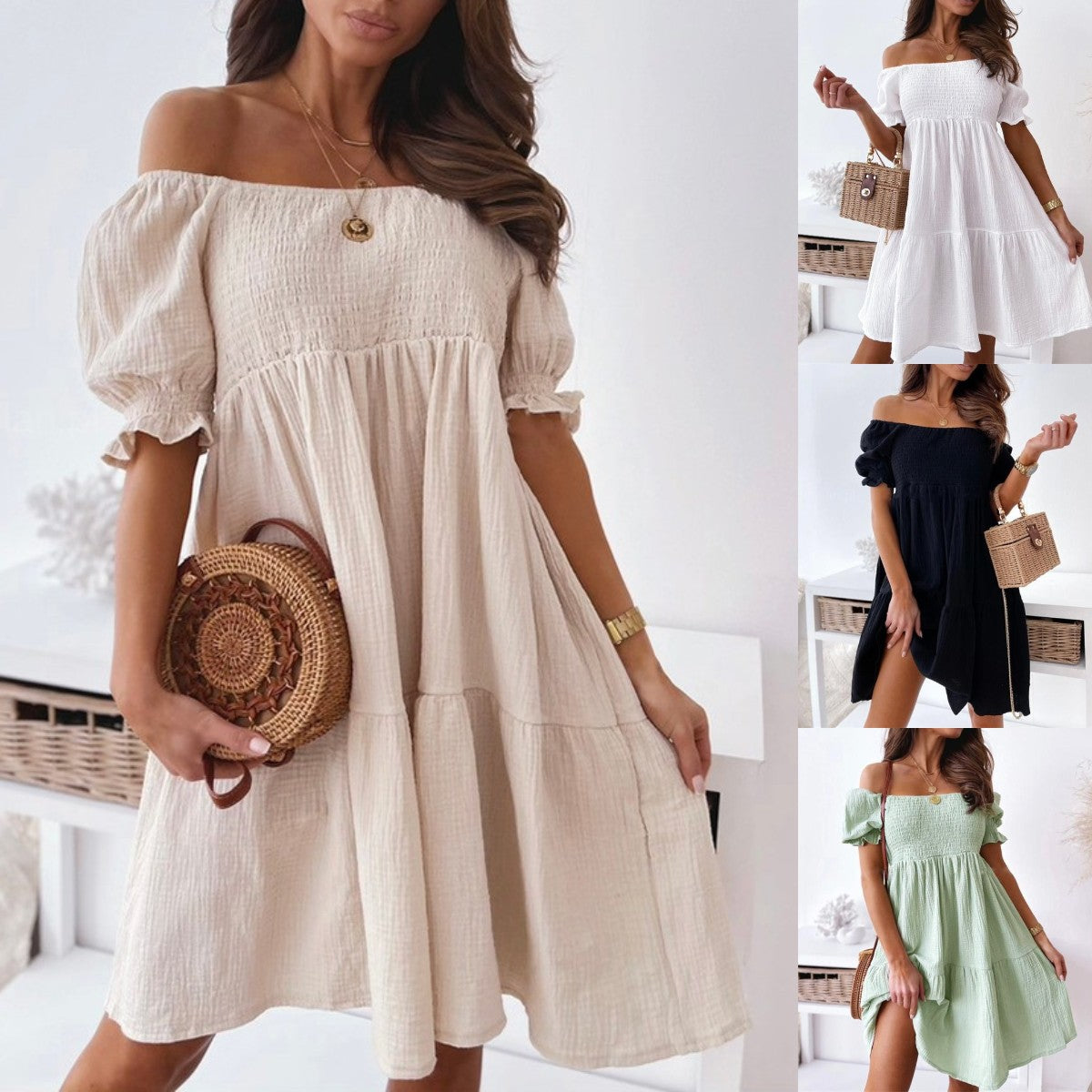 Women's Off-Shoulder Smocked Dress - Puff Sleeve - Flowy A-Line Mini