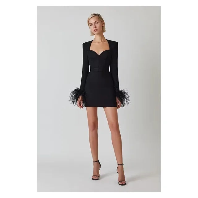 Women's Cocktail Dress - Sweetheart Neckline - Long Sleeve Feather Trim - Mini Length