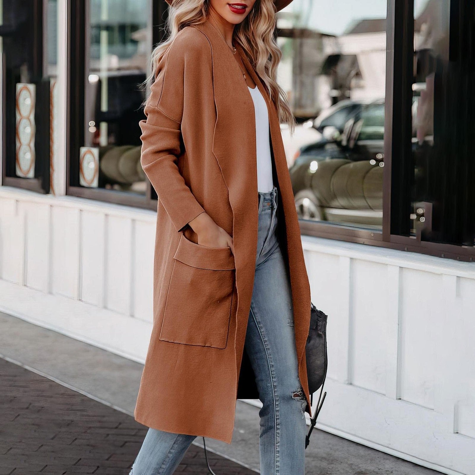 Stylish women casual long solid color coat with pockets