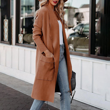 Stylish women casual long solid color coat with pockets