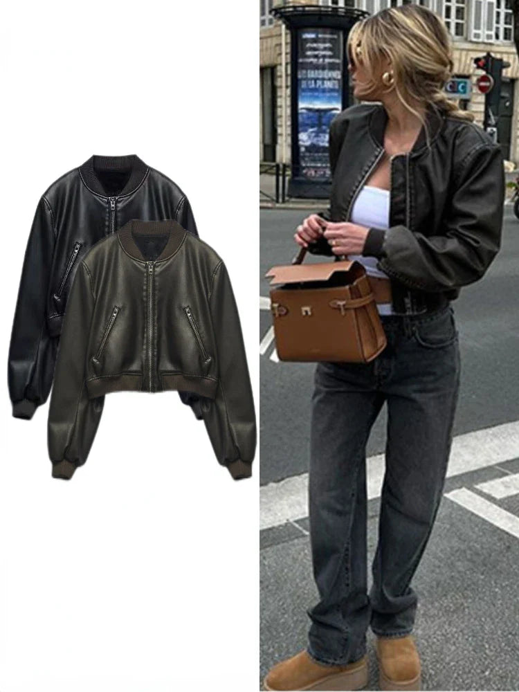 Women's black leather bomber jacket for an edgy urban vibe