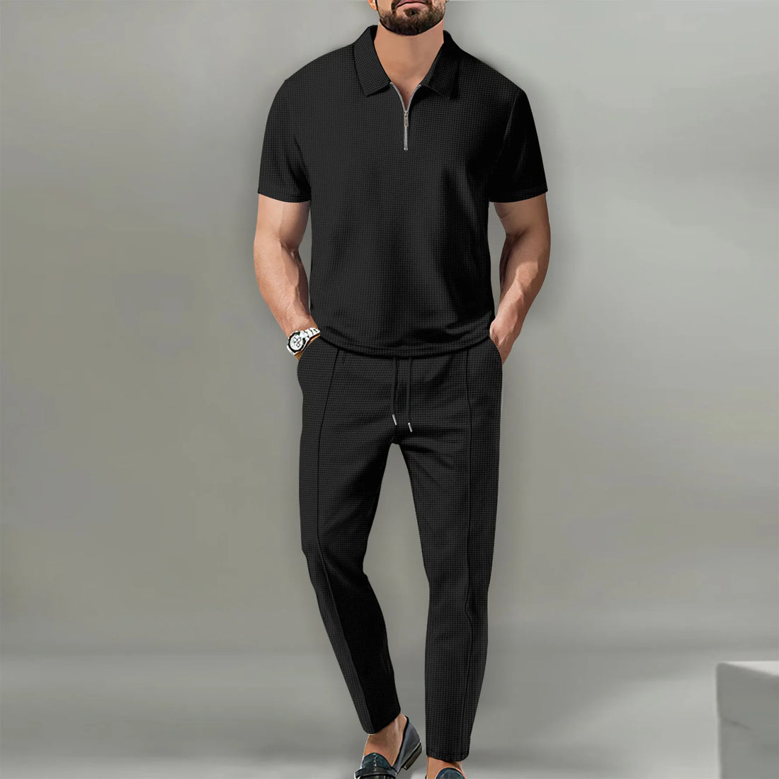 Men's polo shirt and pants set with zipper details